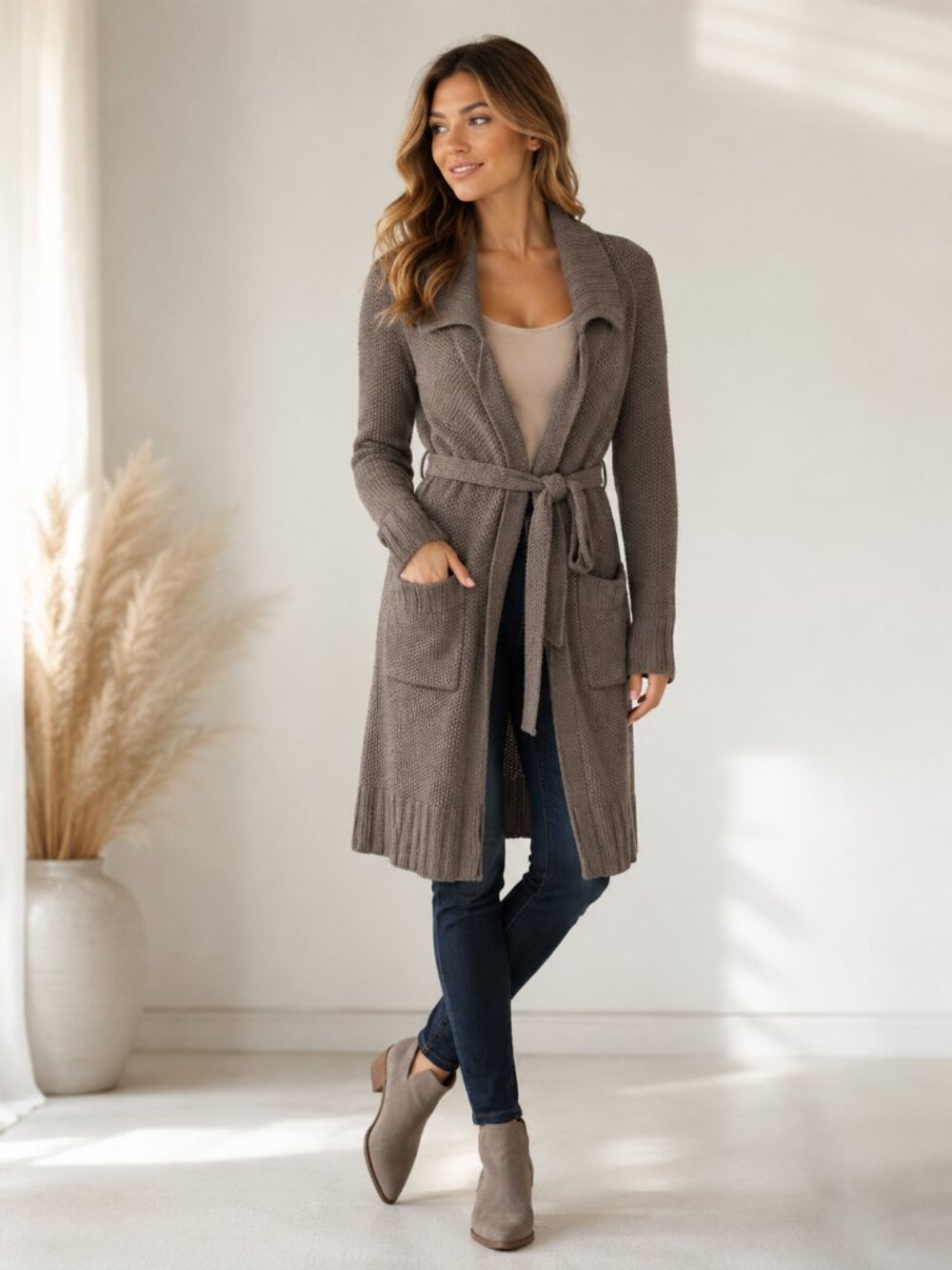 HALSTON Italy Cashmere Chinchilla Belted Long Cardigan Duster Taupe S